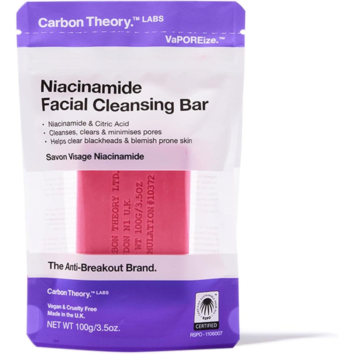 Carbon Theory Niacinamide Facial Cleansing Bar 100 G, Pink