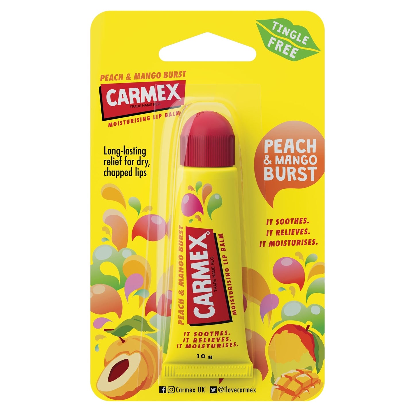 Carmex Peach and Mango Burst Tingle Free Lip Balm Tube 10g