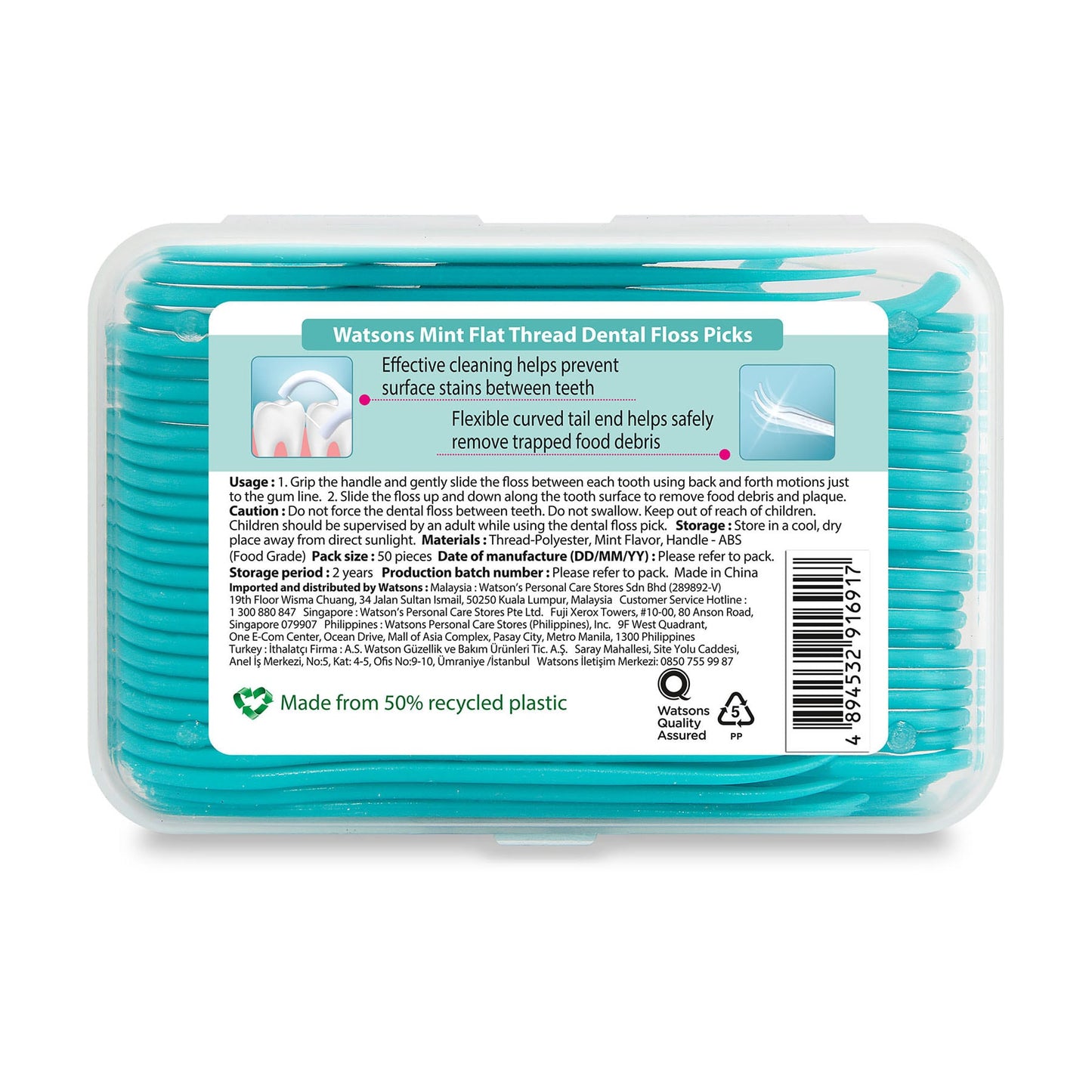 Flat Thread Dental Floss Picks With Tongue Cleaner Mint 3X50pcs