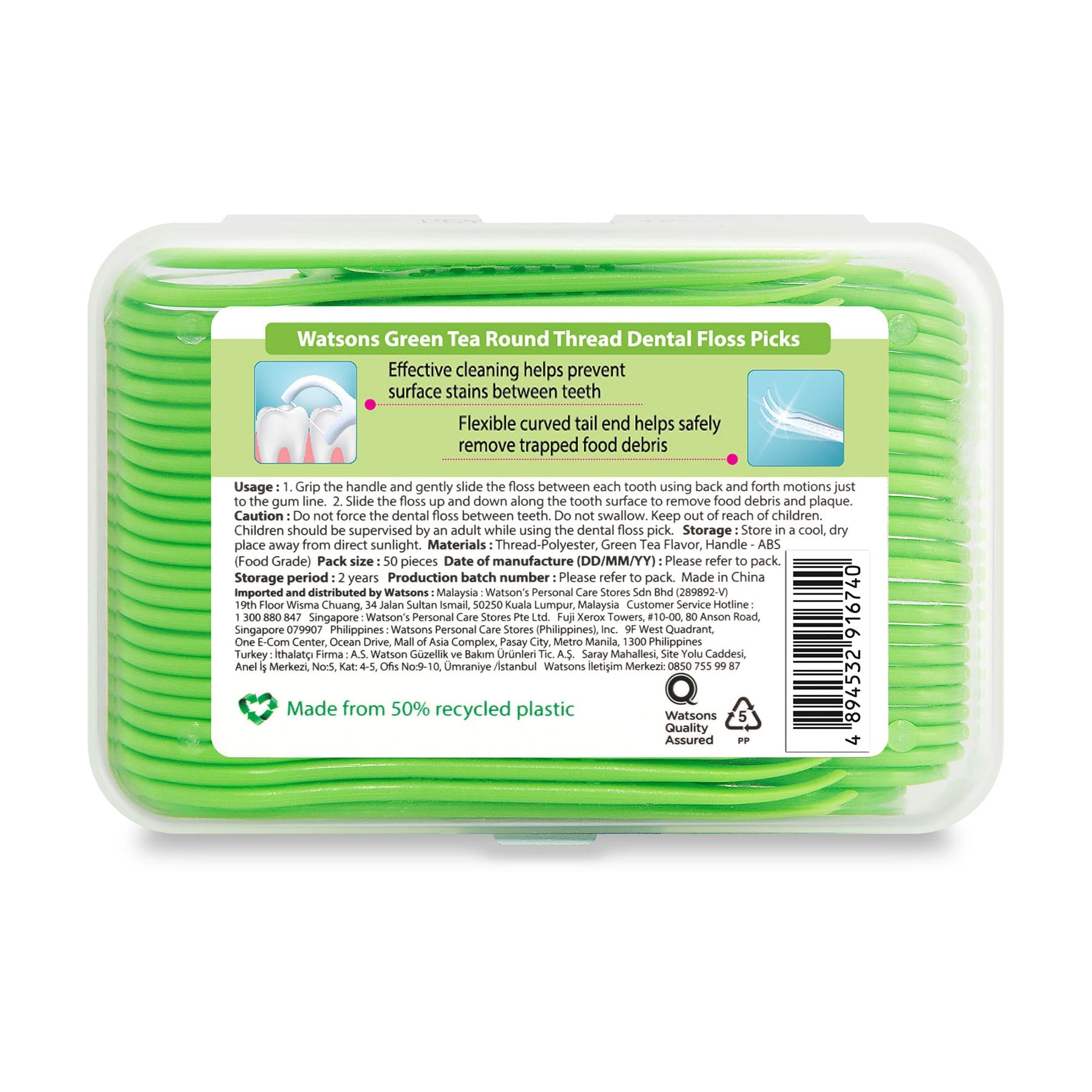 Round Thread Dental Floss Picks With Tongue Cleaner Green Tea 3X50pcs