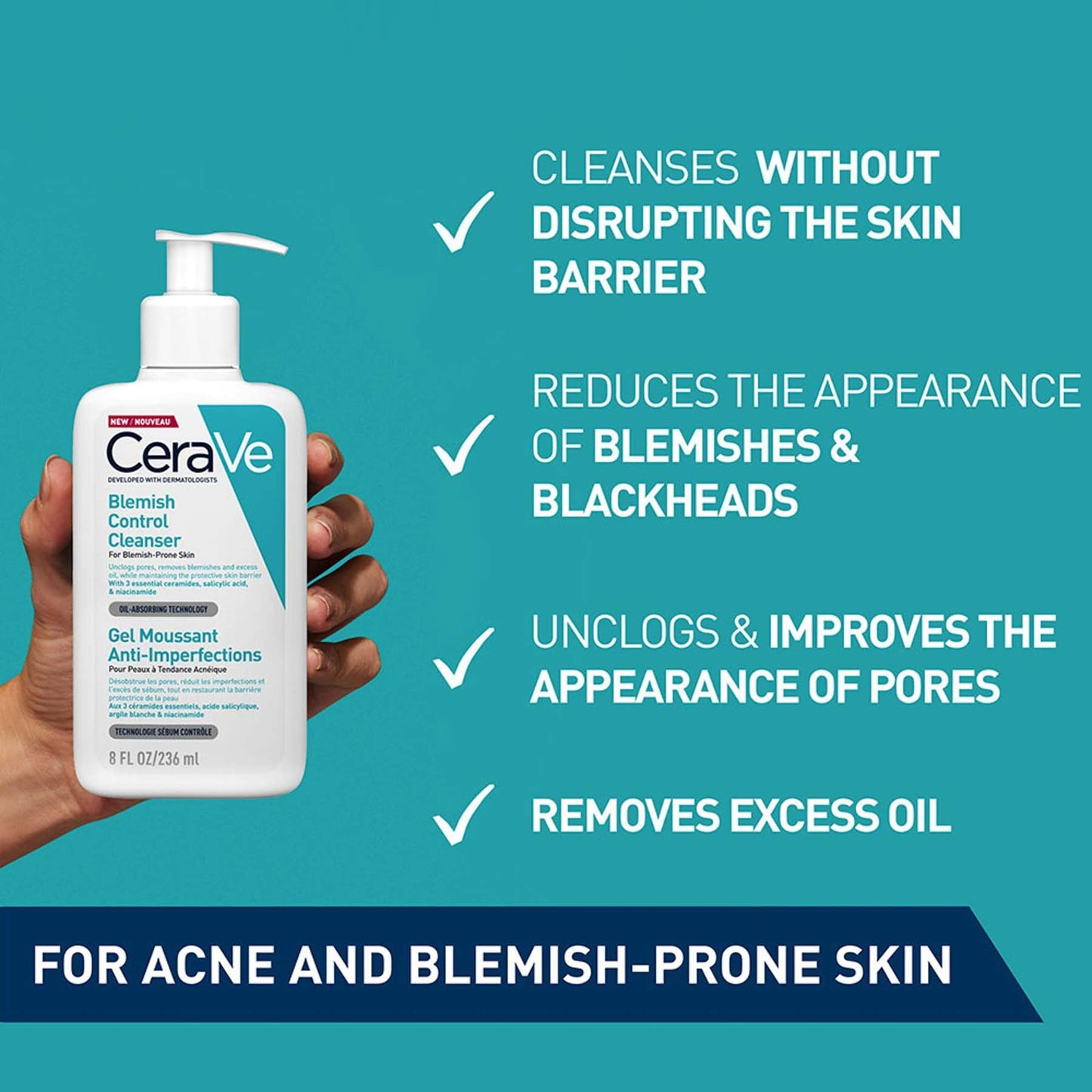 Cerave Blemish Control Cleanser Face Wash for Acne & Blemish Prone Skin With 2% Salicylic Acid, Niacinamide and Ceramides 236 Ml