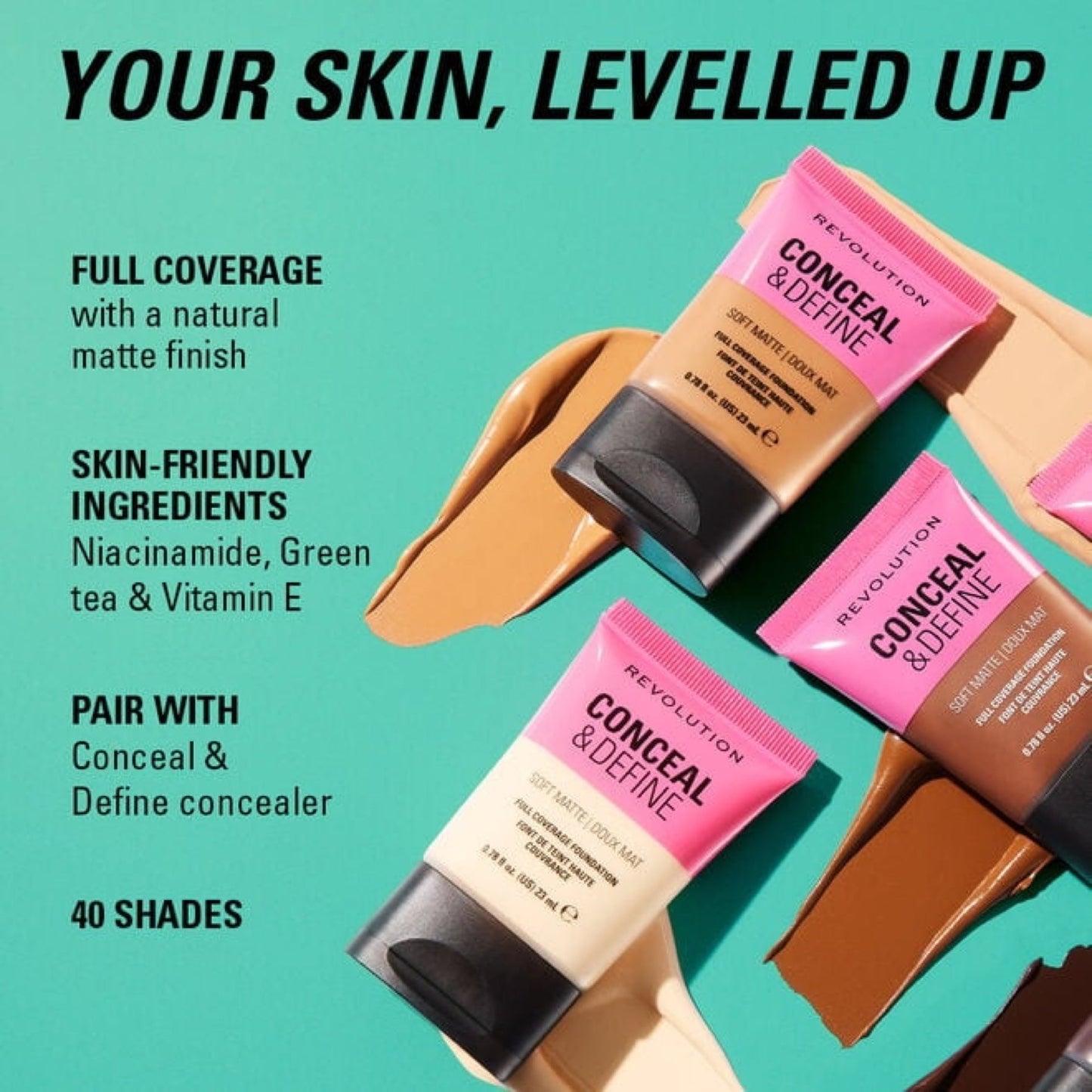 Makeup Revolution Conceal & Define Soft Matte Tube Foundation – Medium to Full Coverage