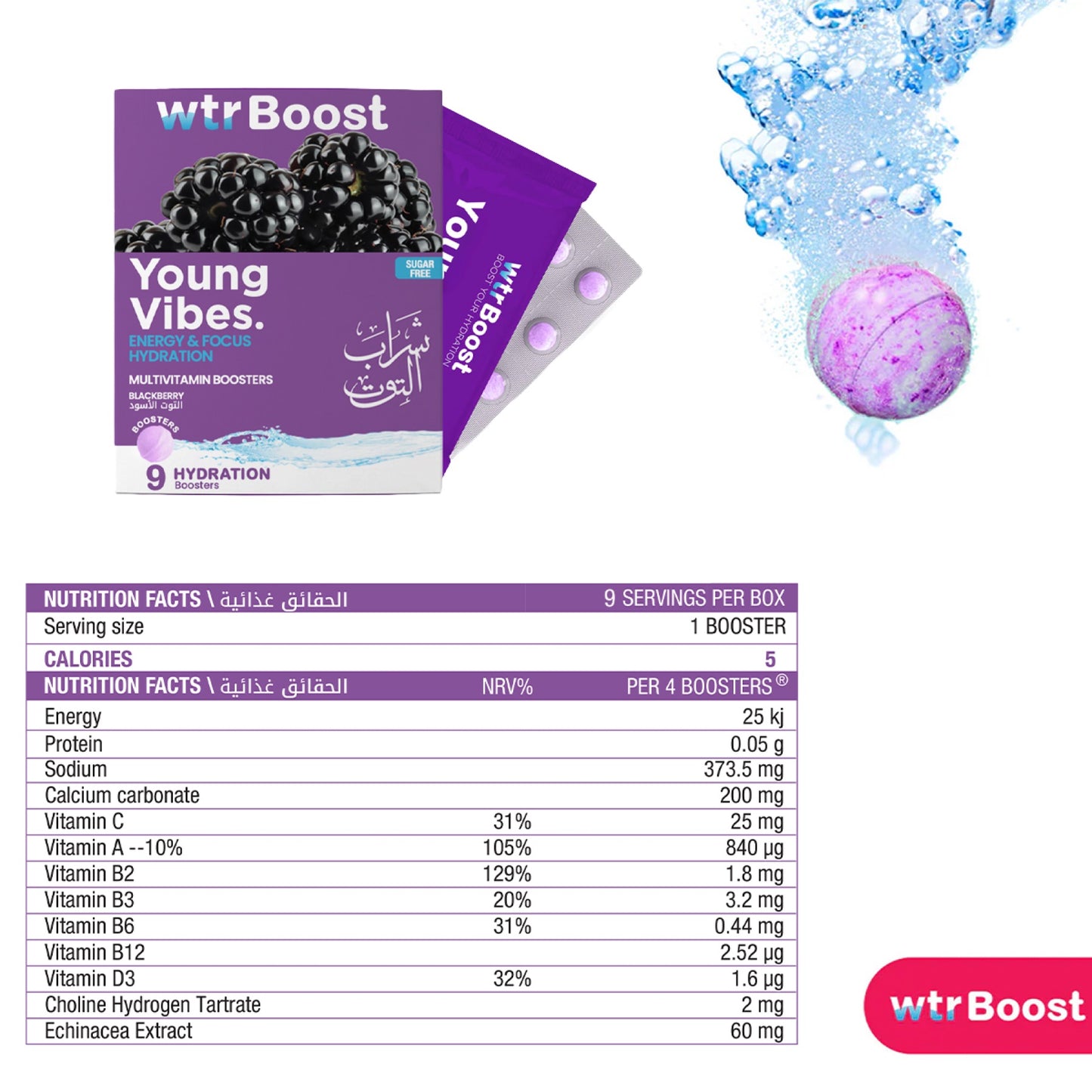 Wtrboost Young Vibes Energy & Focus Hydration Blackberry