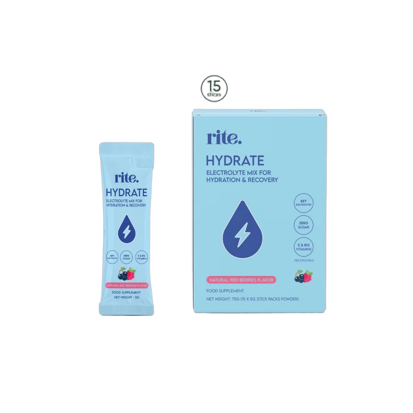 Rite Hydrate Electrolytes Red Berries Box of 15 Sticks