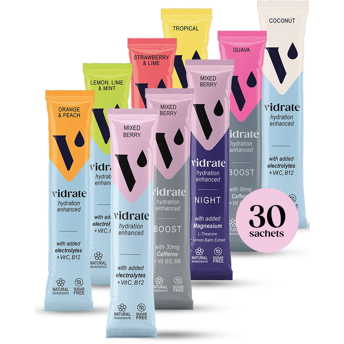 Vidrate Hydration Electrolyte Drink Powder Variety Pack - 30 Sachets