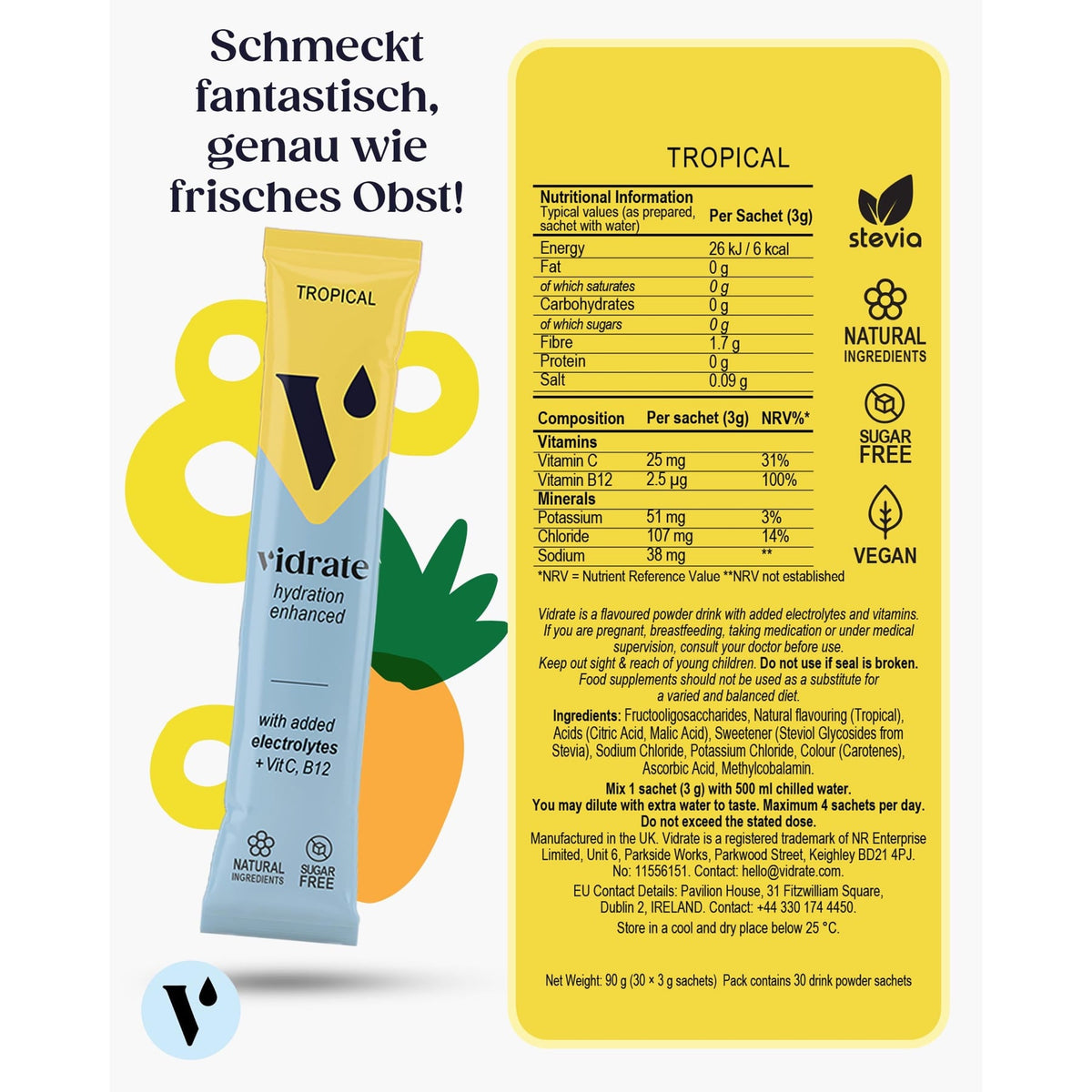 Vidrate Hydration Electrolyte Drink Powder Tropical - 30 Sachets