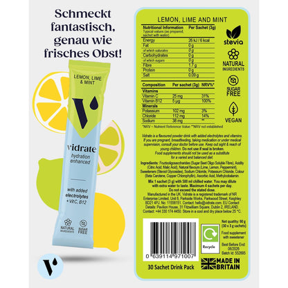 Vidrate Hydration Electrolyte Drink Powder Lemon, Lime & Mint - 30 Sachets