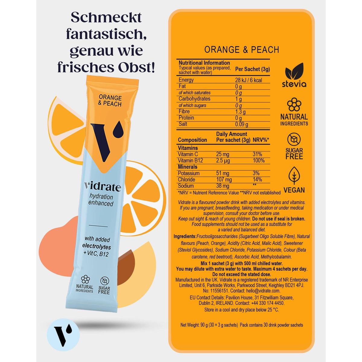 Vidrate Hydration Electrolyte Drink Powder Orange & Peach - 30 Sachets