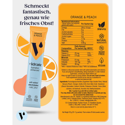 Vidrate Hydration Electrolyte Drink Powder Orange & Peach - 30 Sachets