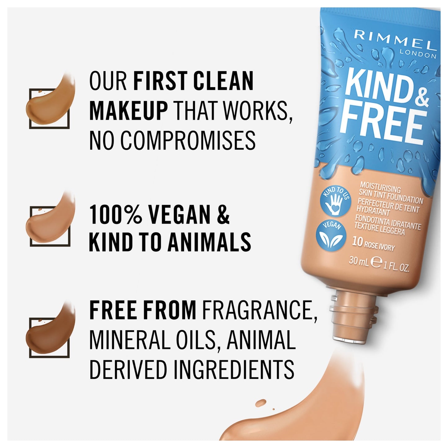 Rimmel KIND & FREE Moisturising Skin Tint Foundation 30ml 10 Rose Ivory|30ml