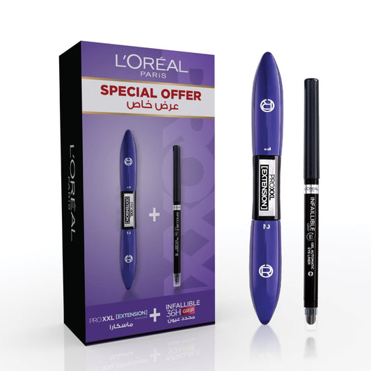 L'Oreal Paris Pro XXL Extension Mascara with Super Fibres + Infallible Grip Auto Gel 36H Intense Black Black